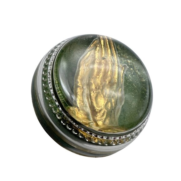 Vintage Glass Paperweight W/ Gold Praying Hands Design & Green Felt Base 3" - Picture 4 of 5